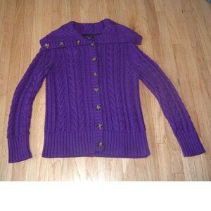 Lands End Purple Chunky Cable Knit Cardigan Cotton Shawl Collar Big Buttons